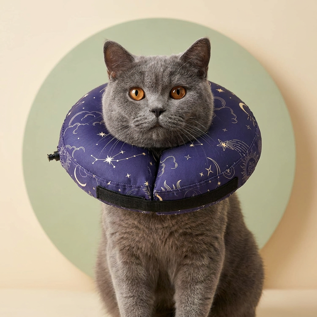 British Shorthair cat wearing the BENCMATE Constellation inflatable recovery collar — navy with gold stars, a soft cone alternative that lets cats groom and eat normally