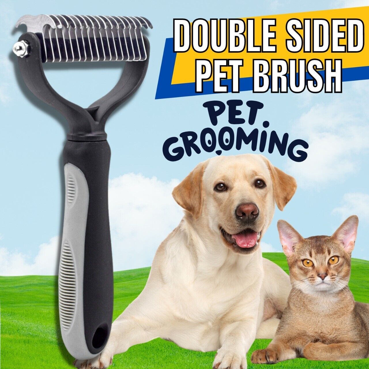 a dog and cat on grass with text: 'DOUBLE SIDED PET BRUSH PET GROOMING'