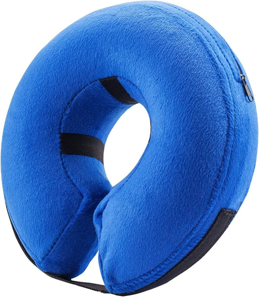 a blue neck pillow with a zipper