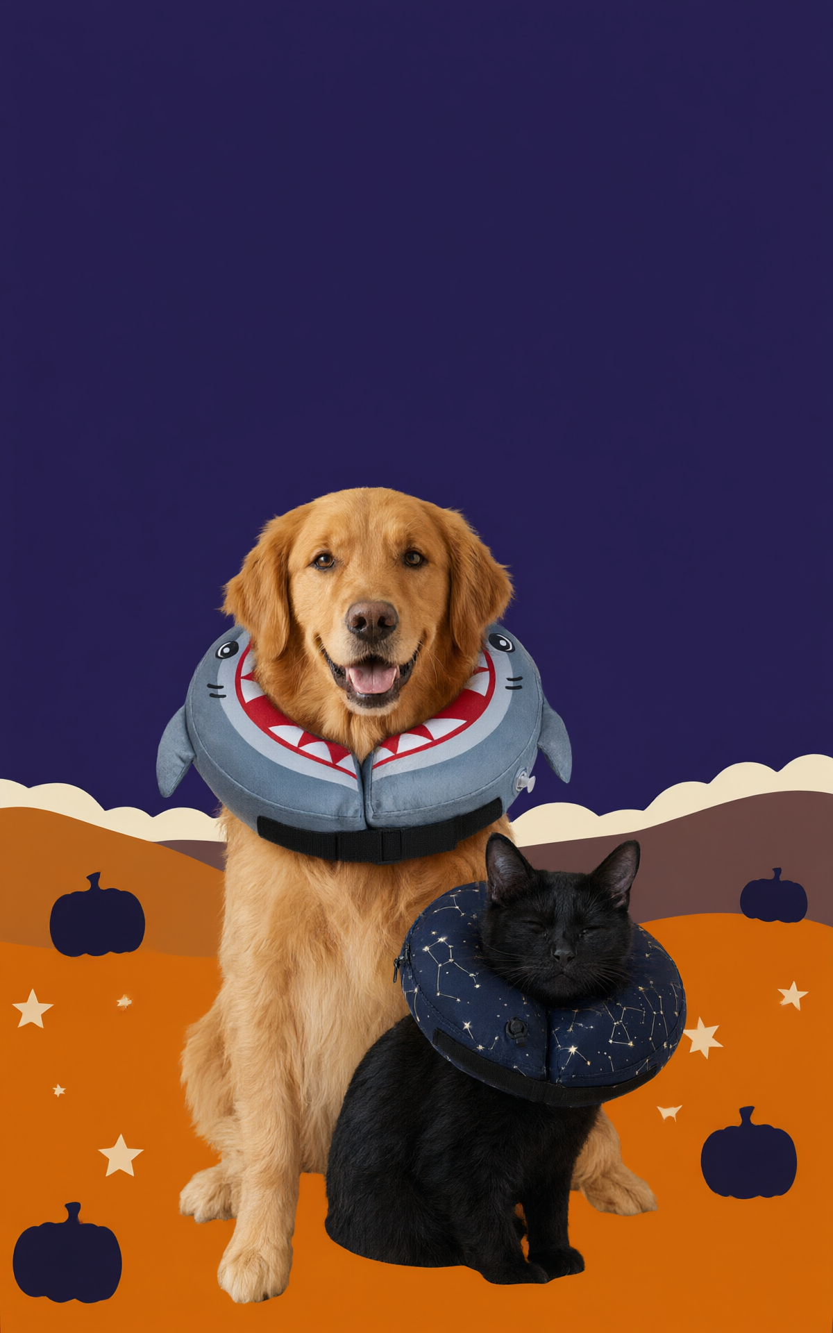BENCMATE Halloween hero banner mobile v2 - flat illustration style, Golden Retriever in Shark collar and black cat in Constellation collar cutouts on pumpkin dune with navy sky