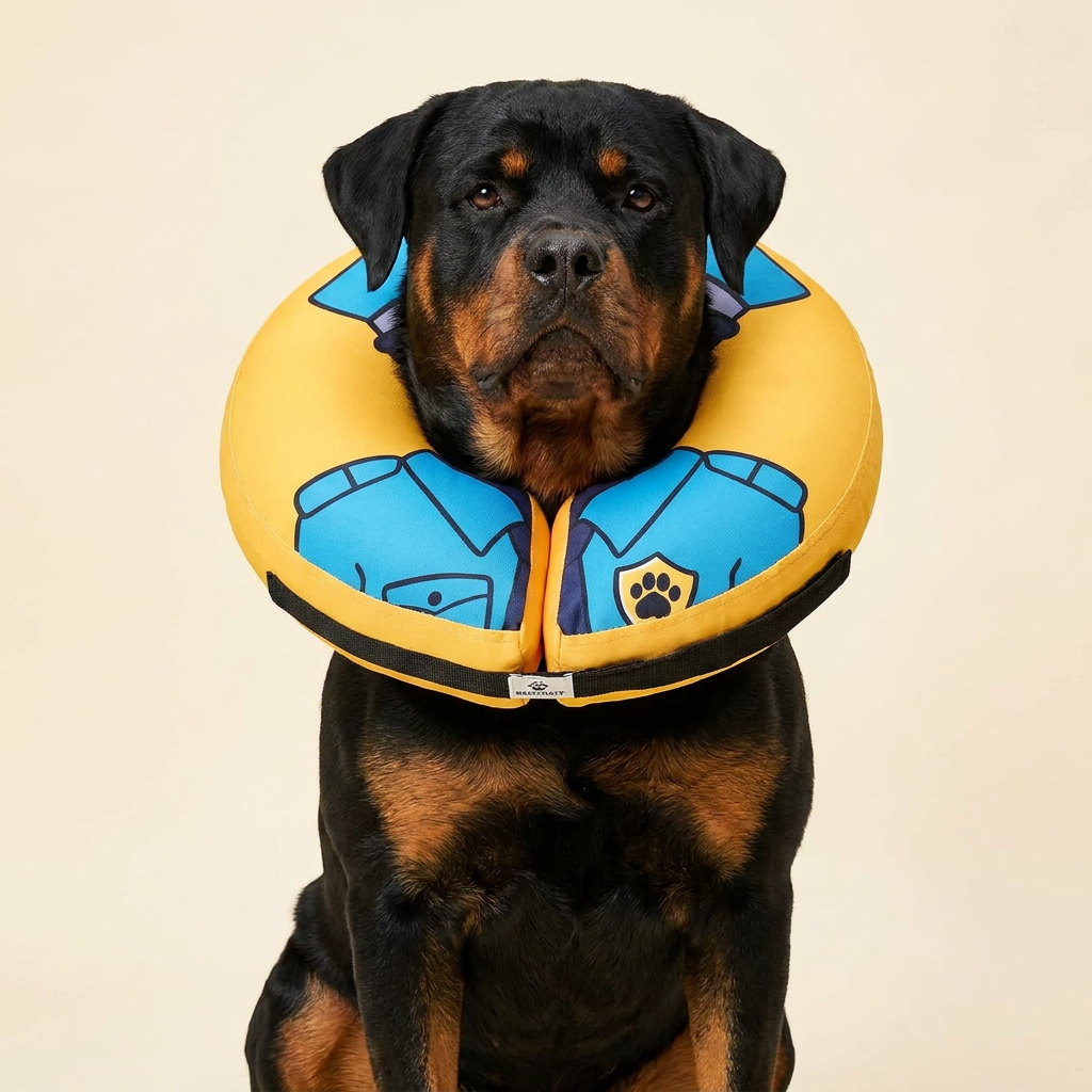 Rottweiler dog wearing BENCMATE Police Officer inflatable recovery collar - bright yellow with cartoon police costume illustration, sky blue cap and uniform with gold paw badge
