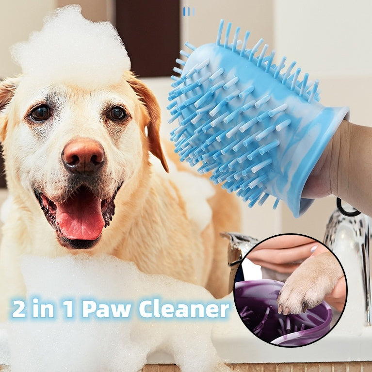 a dog in a bathtub with text: '2 in 1 Paw Cleaner'