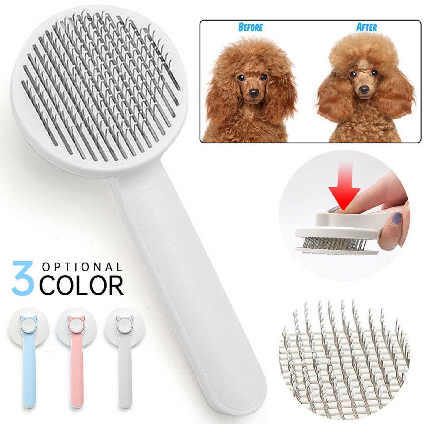 a dog brush with a comb with text: 'BEFORE AFTER OPTIONAL COLOR'