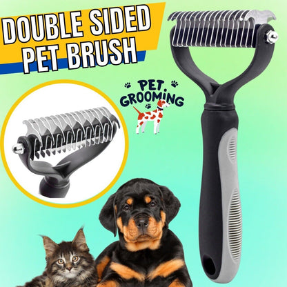 a dog and cat next to a pet brush with text: 'DOUBLE SIDED PET BRUSH GROOMING'