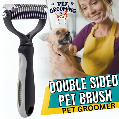 a pet groomer and a person holding a dog with text: 'GROOMING DOUBLE SIDED PET BRUSH PET GROOMER'