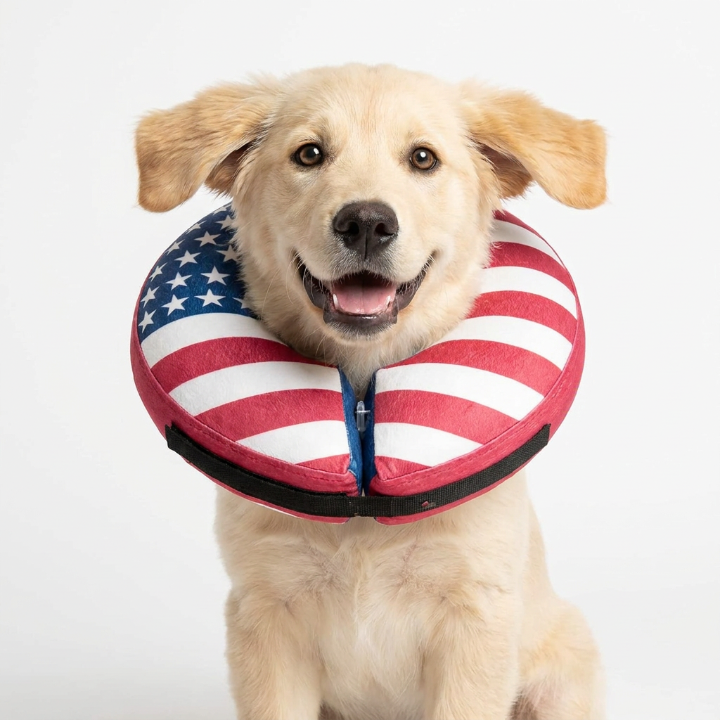 Golden Retriever puppy wearing BENCMATE Flag inflatable recovery collar
